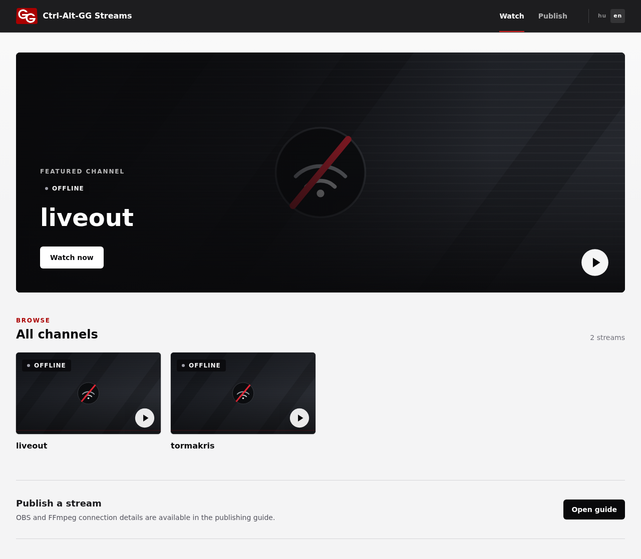 The English Streams home page with the featured channel, All channels list, and Open guide button.