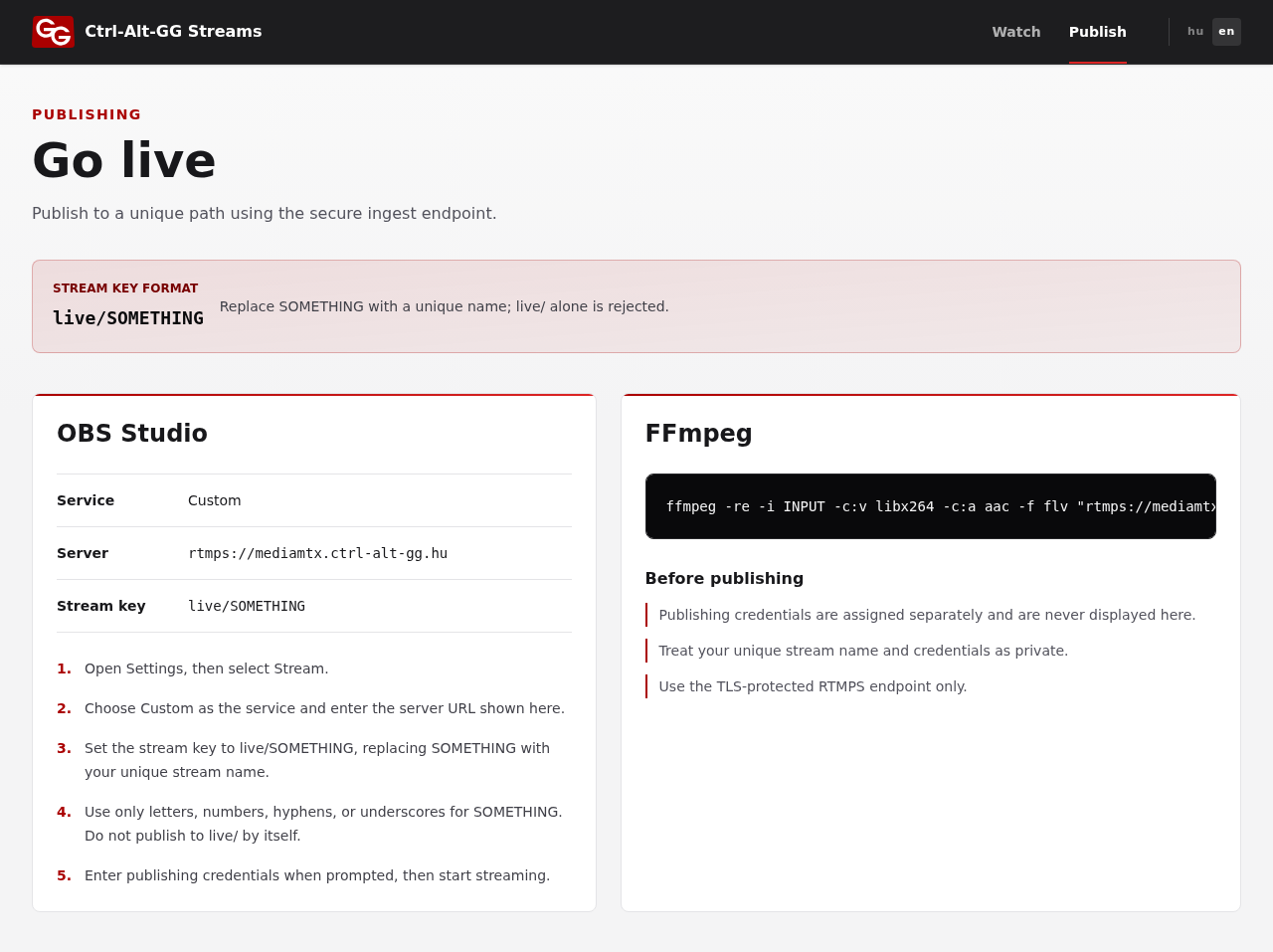 The English Streams publishing guide with the OBS server address, live/SOMETHING key template, and FFmpeg section.